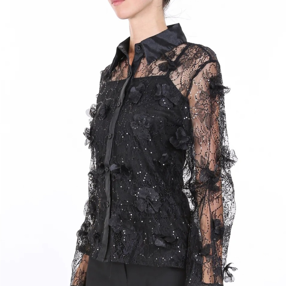 Jacob Sequined Mesh embroidered Floral applique blouse by BEULAHSTYLE. NWT SizeS - Picture 2 of 12